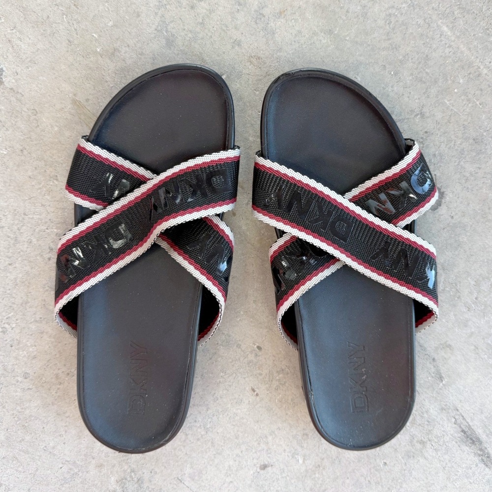 DKNY Black Slide Sandals Women Crisscross Logo Straps Metallic Heel